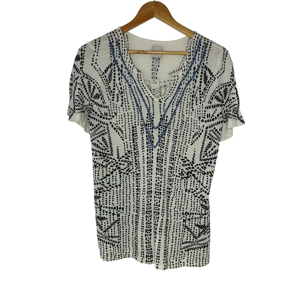 Nic + Zoe Knit Top Womens L White Black Geometric V-Neck Linen Boho